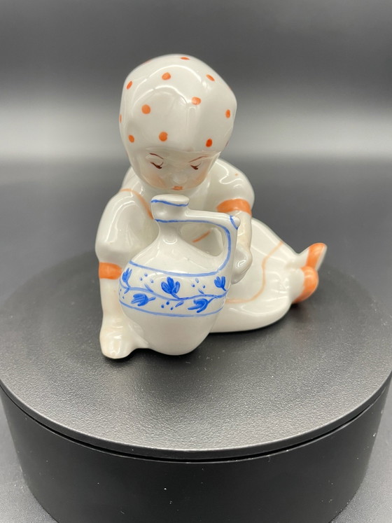 Zsolnay Pécs, Vintage Porcelain Figurine Girl with Jug, Hungary, Decorative Objects, Orange (photo 2 of 7)