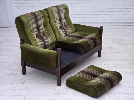 Image 1 of 1970s, Scandinavian 2-seater sofa, green furniture velour, beech wood.