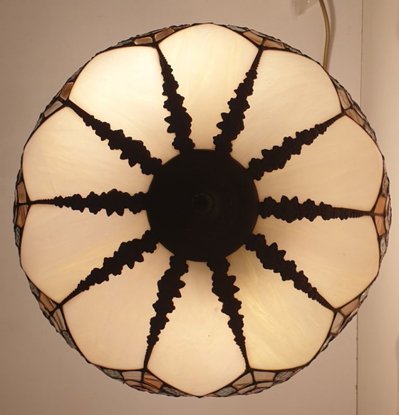 Image 1 of Large (52cm) Tiffany Stained Glass Table Lamp Peacock Feathers