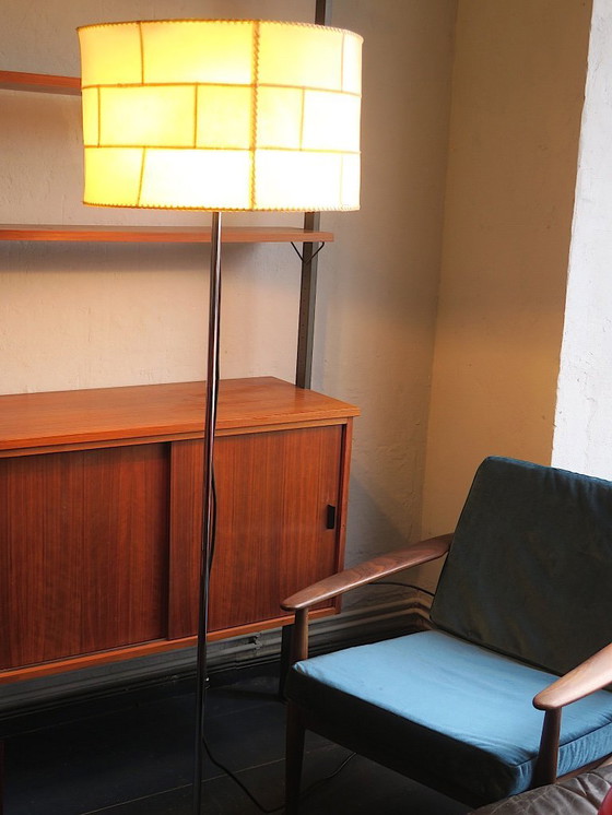 Image 1 of Cocoon vloerlamp met patchwork kap en met leer beklede voet, jaren 60