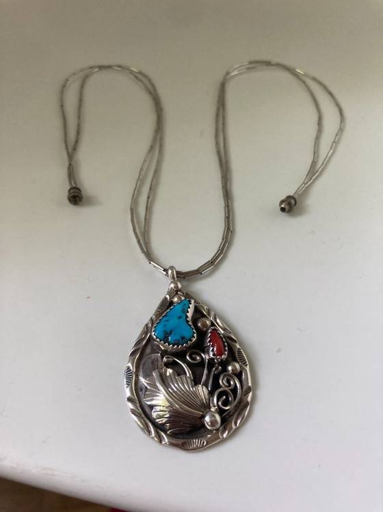 Image 1 of Navajo Indiaanse bloemenhanger (sterling zilver, turkoois, koraal)