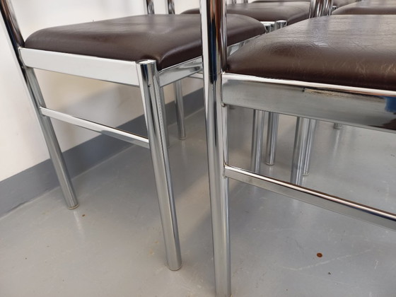Image 1 of Set di 6 sedie vintage anni '70 in metallo cromato e similpelle marrone