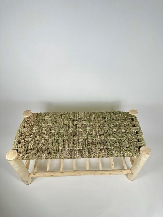 Image 1 of Panchina marocchina in foglie di palma intrecciate a mano - Seduta rustica in stile boho 100cmx40cm
