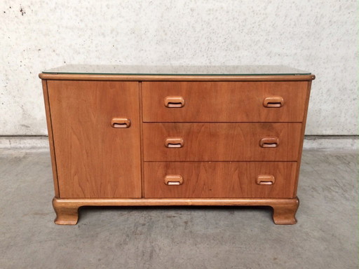 Buffet en érable de style moderne du milieu du siècle avec plateau en verre, années 1950
