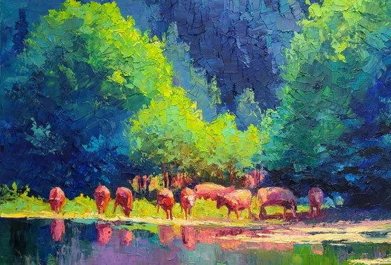 Origineel olieverfschilderij Natuurlandschap Zomerweide Vijver Kudde koeien – Schilderijen & Tekeningen (photo 4 of 7)