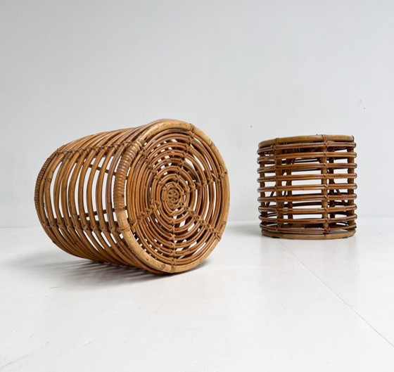 Image 1 of Set of 2 rattan designer stools by Tito Agnoli, 1960's