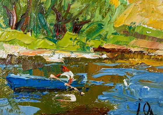 Image 1 of Peinture à l'huile originale représentant un paysage côtier d'été avec des saules au bord d'un étang