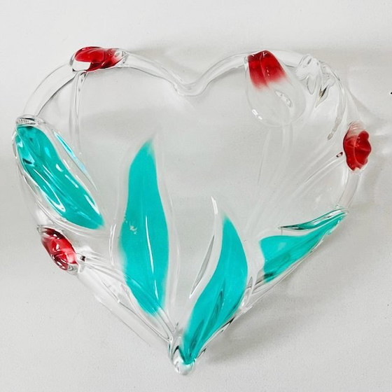 Image 1 of Ciotola vintage a forma di cuore in vetro con design 3D Tulip di Nadine Germany Walther Glass, anni '70
