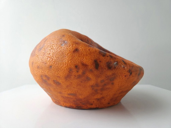 Image 1 of Keramieken vintage tafellamp, chamotte klei, oranje brutalist aardewerken mcm lamp