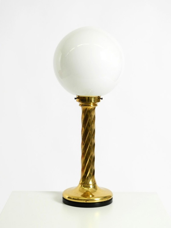 Image 1 of Large 1960s brass column-style table lamp with frosted glass globe