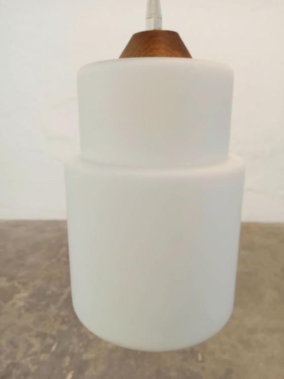 Vintage opaline glass and wood pendant lamp, Brown (photo 10 of 14)