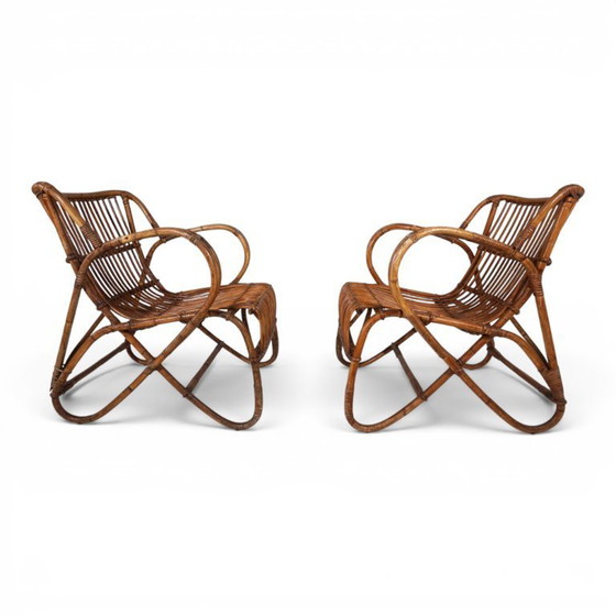 Image 1 of Frans paar vintage loungestoelen van rotan en bamboe, 1960