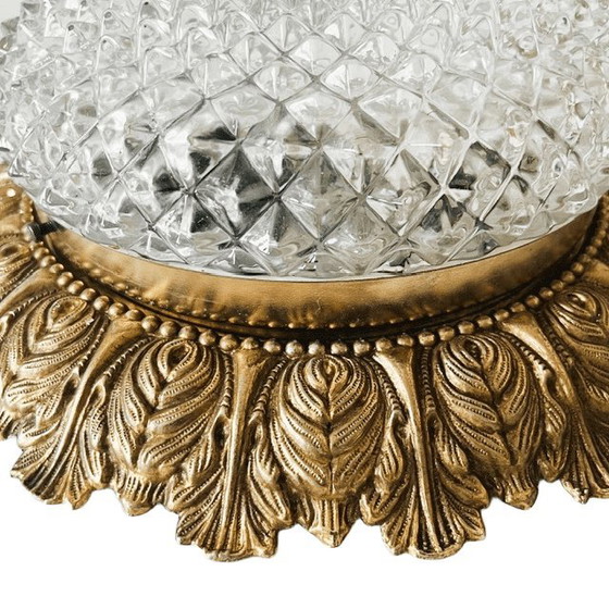 Image 1 of Vintage French Baroque ceiling lamp, faceted glass, Hollywood Regency ceiling light, brass, 1960s