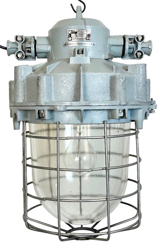 Large Grey Industrial Bunker  Light with Iron Cage from Elektrosvit, 1970s