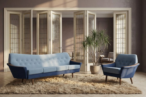 Vintage Mid-Century Scandinavian Modern Blue Velvet Living Room Set by Holm Fabriker AB, Set of 2, 1960s