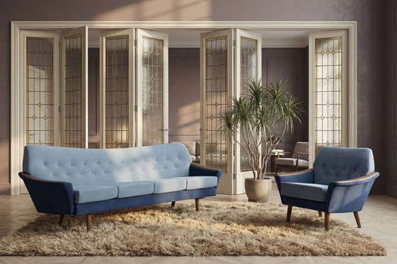 Image 1 of Vintage Mid-Century Scandinavian Modern Blue Velvet Living Room Set by Holm Fabriker AB, Set of 2, 1960s