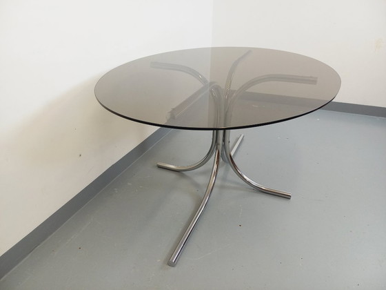 Image 1 of Vintage oval dining table in smoked glass and chrome metal, Space Age style, from the 70s