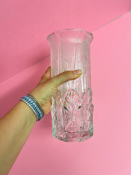 Italian vintage Videnza textured glass flower vase, 24cm, relief design, 70s retro leaves