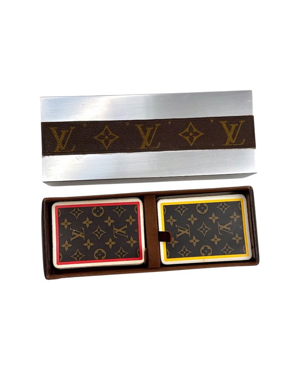 Boîte de jeux de cartes Louis Vuitton, France ca. 1970, Objets déco, Métal, Cuir, Argenté, Modern (photo 9 sur 12)