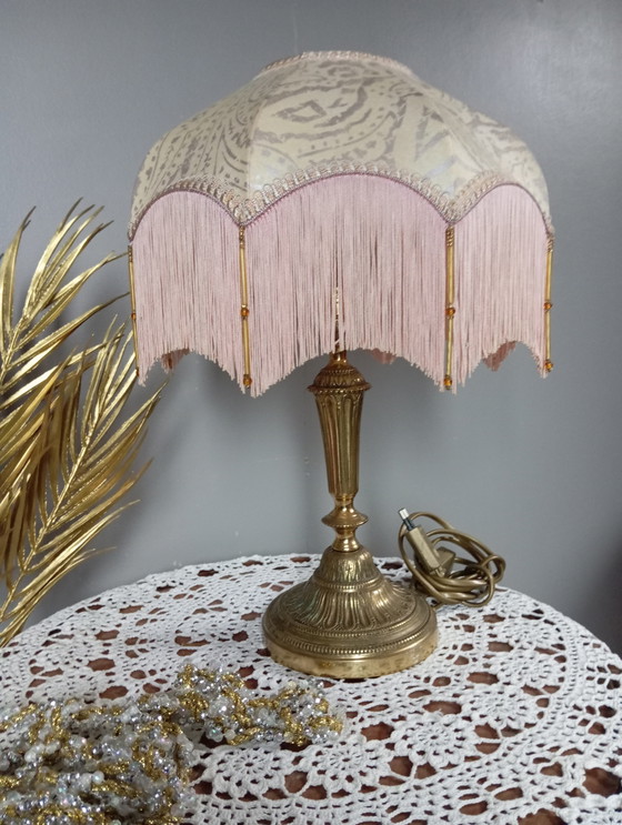 Image 1 of Bronze Living Room Lamp, Art Nouveau Style, Fabric and Fringe Dome Lampshade