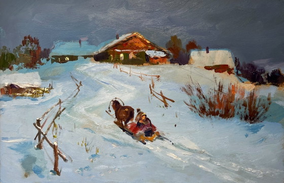 Image 1 of Original Oil Painting Winter Village Landscape Cozy winter evening