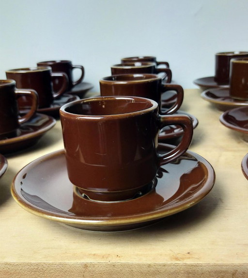 Set of 6 bistro cups and saucers, Apilco Deshoulières porcelain