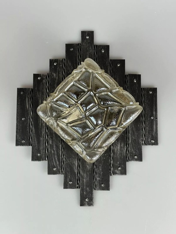 Image 1 of 60s 70s Brutalist Applique murale fer & verre Wall Lamp 60s 70s