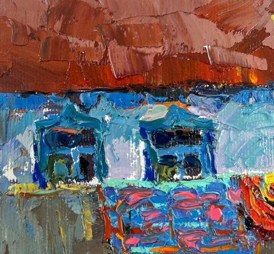 Image 1 of Peinture à l'huile originale, paysage de village d'été. Le soir est arrivé.
