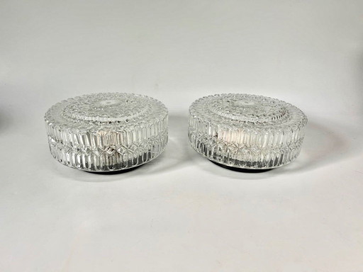Set van 2 Vintage Plafondlamp Helder Rond Bewerkt Glas Seventies