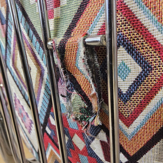 Image 1 of Vintage Gastone Rinaldi voor Rima chroom & rookglas eettafel + stoelen met kleurrijke bekleding (Itiliaans design)