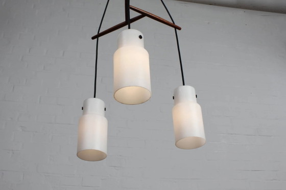 Drieflammige Deense plafondlamp teak vintage – Hanglampen, Wood, Glass, Scandinavian (photo 10 of 13)