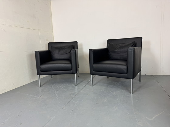 Image 1 of  Modernist German Black Leather and Steel Lounge Chairs from Walter Knoll / Wilhelm Knoll, 2000s, Set of 2