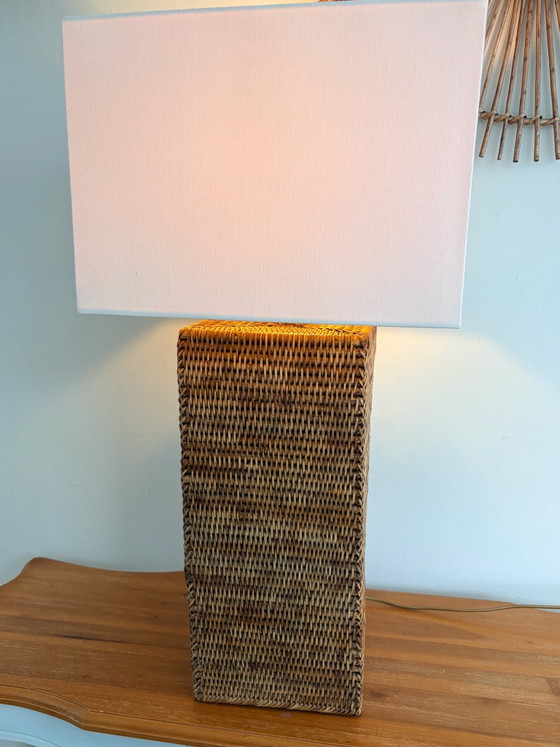 XXL Vintage Birman Osier & Rotin Colonne Lampe, Textile, Beige (photo 6 sur 15)