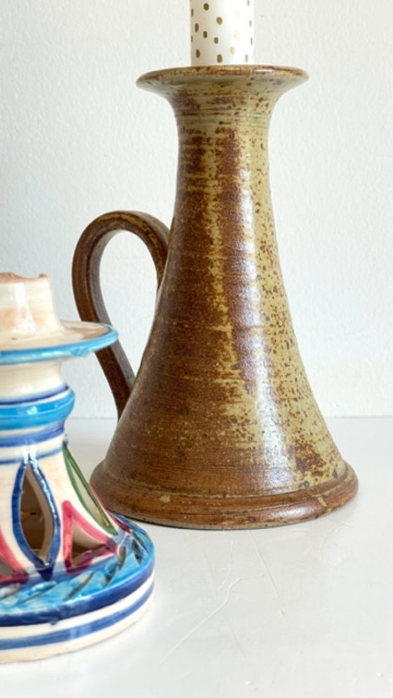 Image 1 of Joli ensemble de 3 BOUGEOIRS en Céramique et Grès Vintage, un trio Artisanale, Chic et Bohème, Poétique et aux matières Naturell