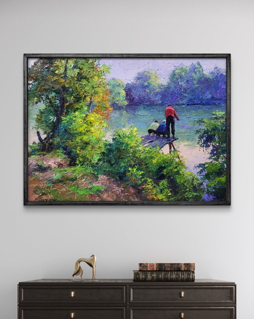Origineel olieverfschilderij: Natuurlandschap, bos, rivier, ochtendvissen
