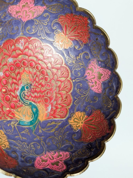 Vintage Brass Peacock Bowl, India Painted Enamel, Scalloped Footed Dish (photo 10 of 14)