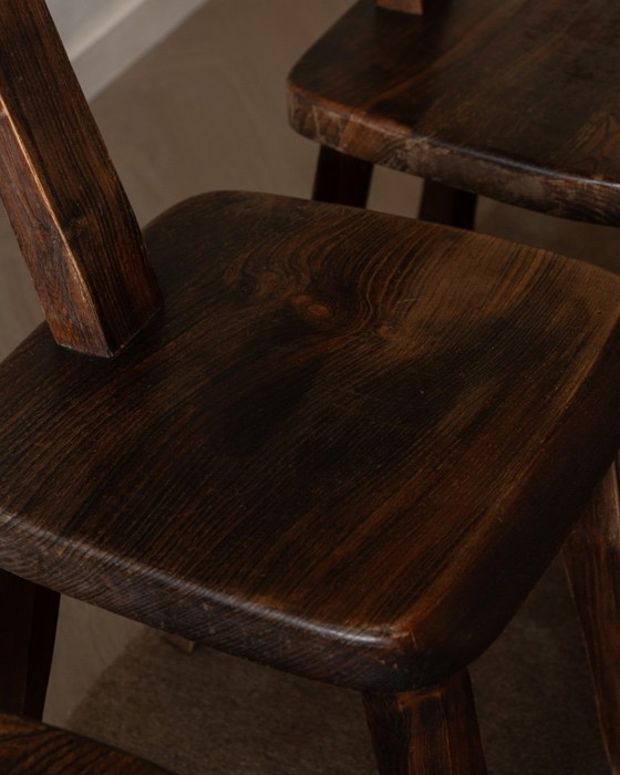 Image 1 of Set of 3 Vintage “T” Dining Chairs by Aranjou, France (c.1960s) – Stained Elm, Brutalist Sculptural