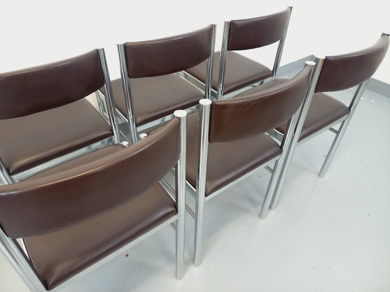 Image 1 of Set di 6 sedie vintage anni '70 in metallo cromato e similpelle marrone