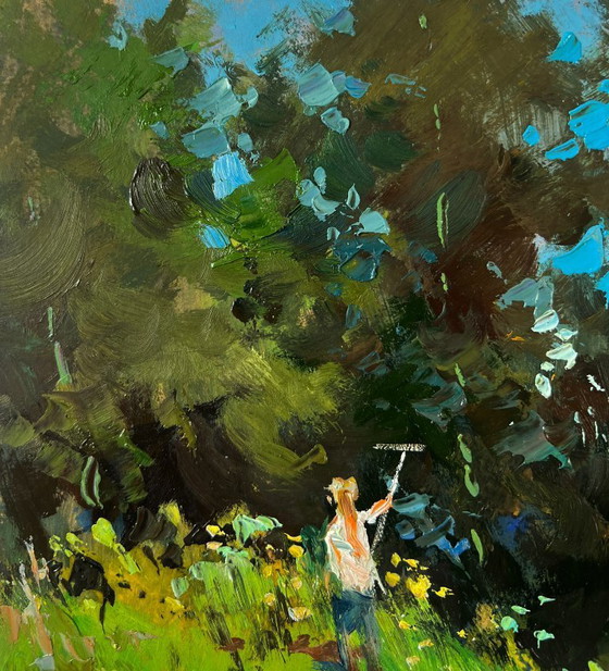 Image 1 of Original Oil Painting Summer Nature Landscape The village beyond the forest