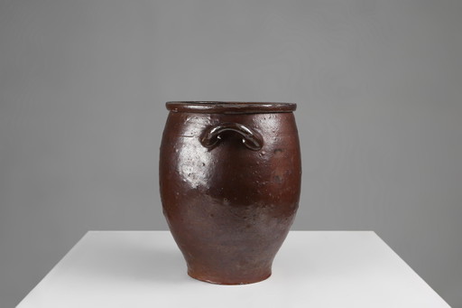 Signed Rustic Large Glazed Brown Ceramic Pot, Belgium, 1800s