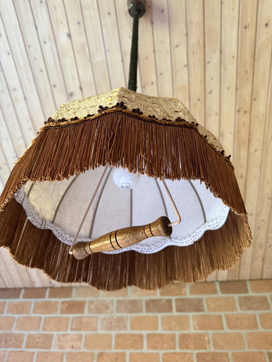 Image 1 of Lampada a sospensione/tirante vintage con frange e paralume in tessuto