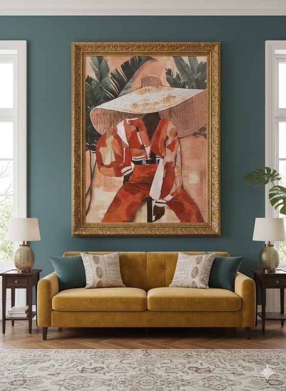 Image 1 of Extra groot boho-chic schilderij – Gestileerd tropisch modeportret