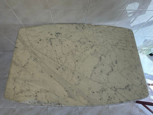 Vintage eettafel van wit marmer uit de jaren 80 - zwarte smeedijzeren poten