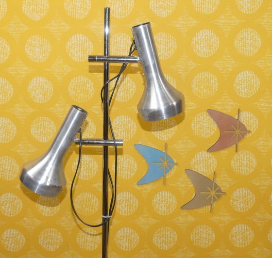 Image 1 of 60s 70s vloerlamp SLZ Swisslamps International metallic zilver 2 lampen zwenkbare vloerlamp sputnik space age panton