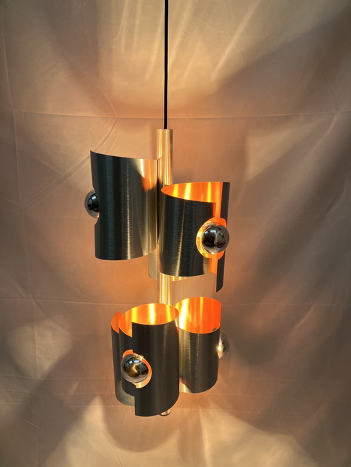 Vintage space age hanglamp, Polam, geborsteld aluminium