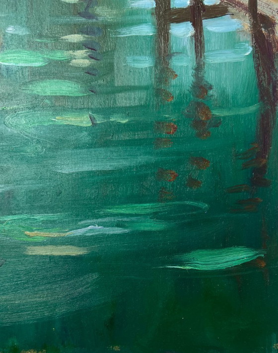 Image 1 of Peinture à l'huile originale représentant un paysage côtier au crépuscule, où les bateaux dorment au quai.