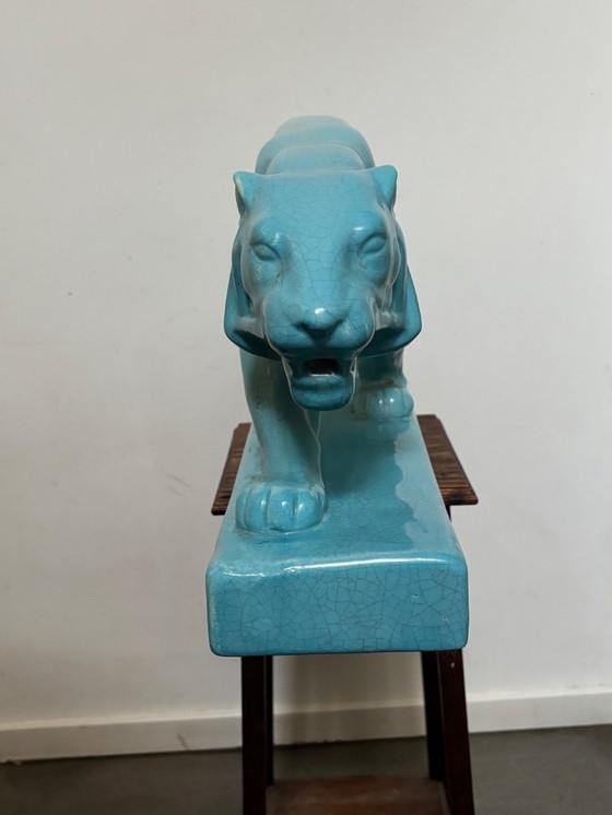 Image 1 of Gran puma de cerámica, intacto, turquesa, original Art Déco 1920-1939 L&V Ceram
