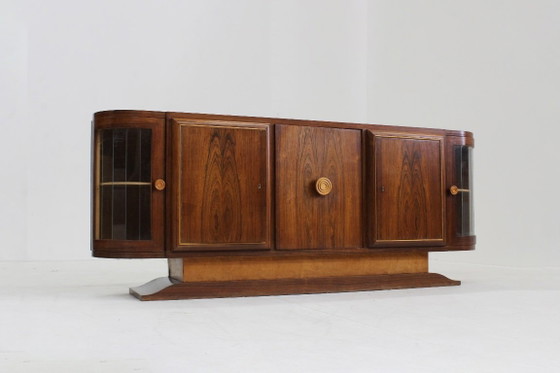 Vintage Art Deco Sideboard 1930s, Wood, Glass, Brown (photo 2 of 11)