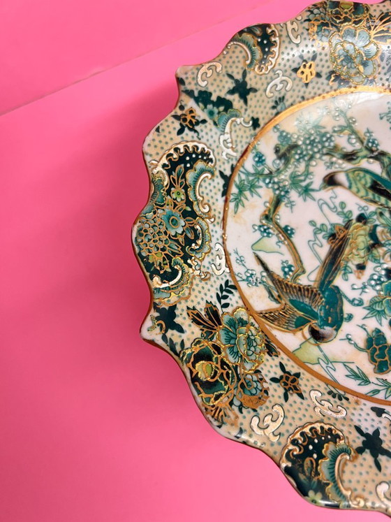 Image 1 of Vintage Satsuma pedestal serving dish, Japanese bird-themed serving dish