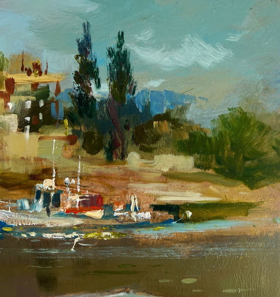 Image 1 of Original Oil Painting Summer Coastal Landscape City boat ferry